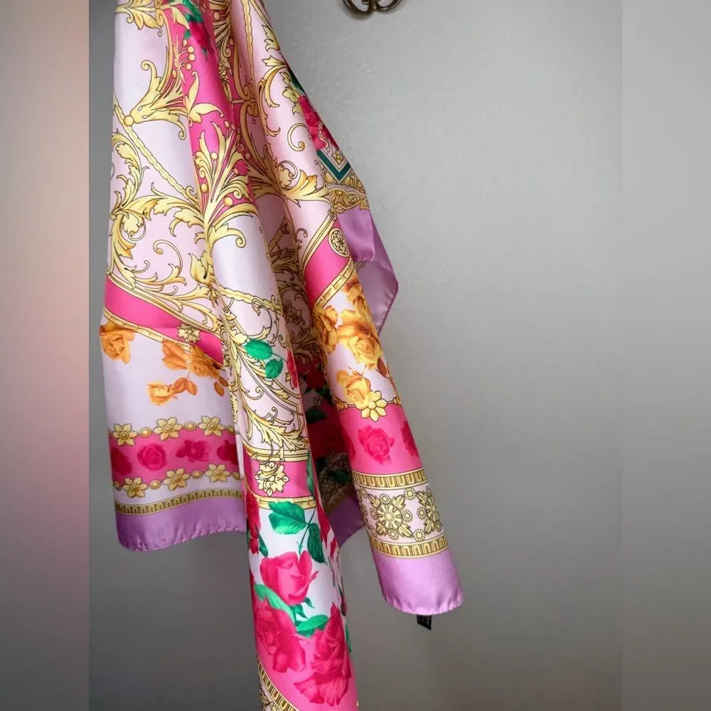 NEW IN BOX ✨ VERSACE SILK TWILL Medusa Hot Pink Roses & Gold Large Scarf